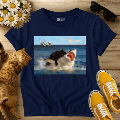 Black Cat Riding Shark Ocean T-Shirt