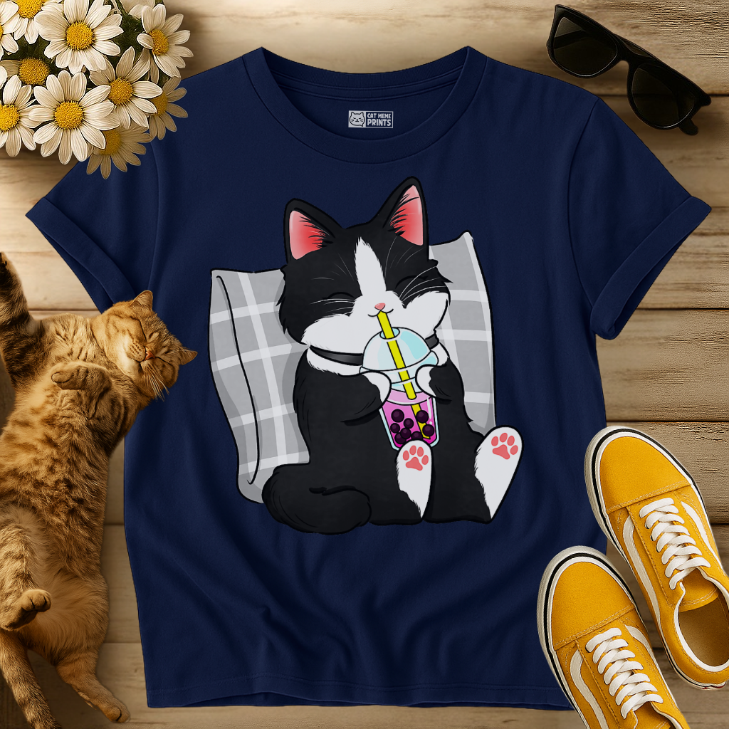 Tuxedo Cat Drinking Boba Milk Tea T-Shirt