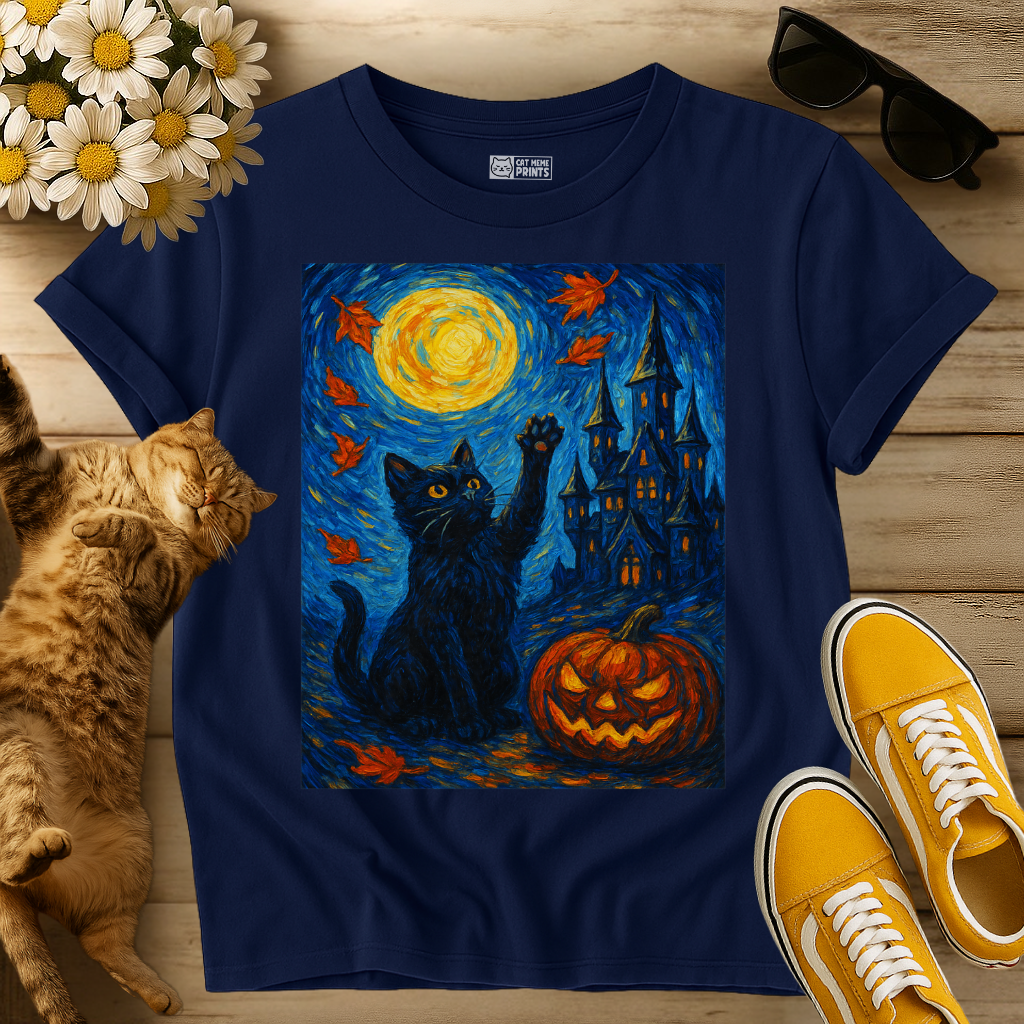 Black Cat Van Gogh Starry Night Halloween T-Shirt