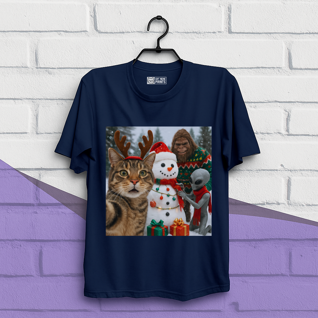 Cat Selfie with Bigfoot Alien & Snowman Christmas T-Shirt