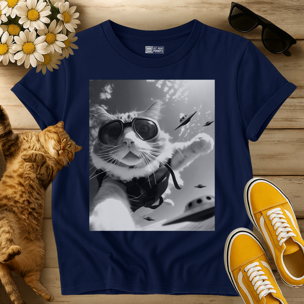 Skydiving Cat Selfie with Alien UFOs T-Shirt