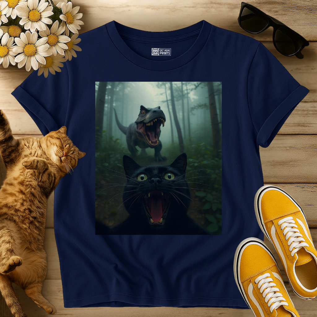 Black Cat Selfie with T-Rex T-Shirt