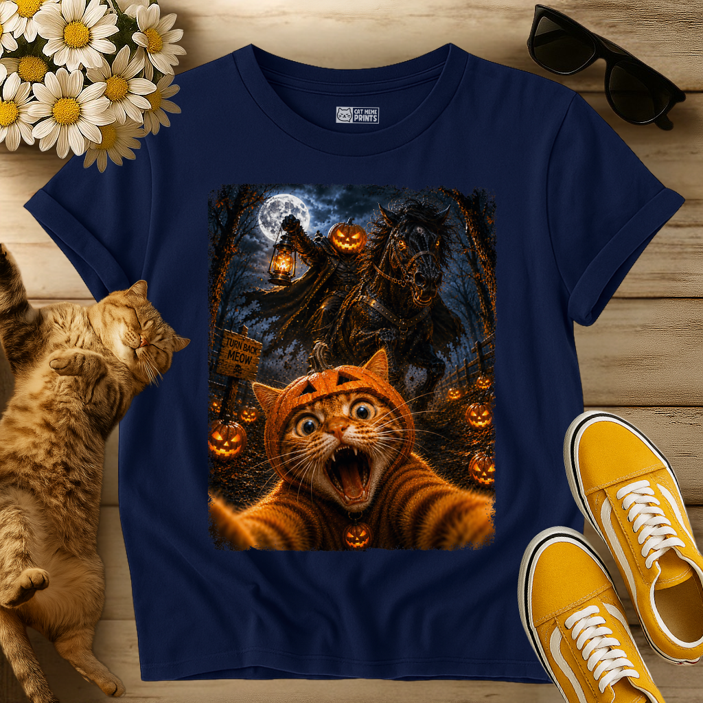 Cat Selfie with Scary Horseman Pumpkins T-Shirt
