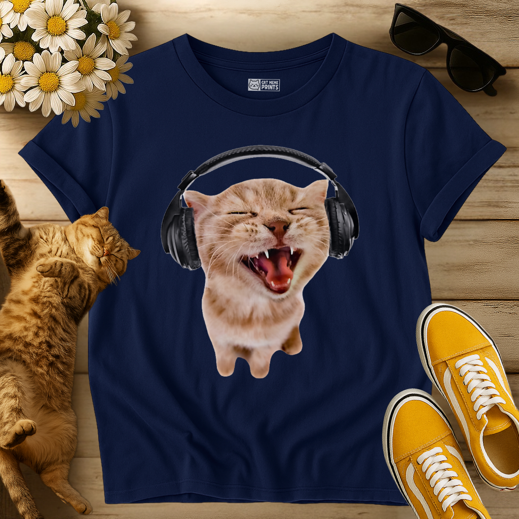 Silly Cat With Headphones T-Shirt