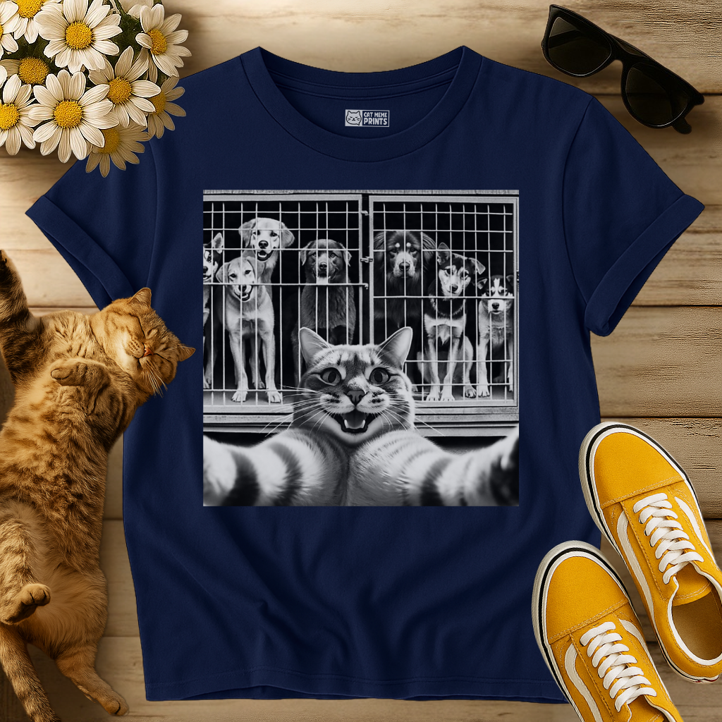 Cat Selfie with Dogs in a Cage T-Shirt