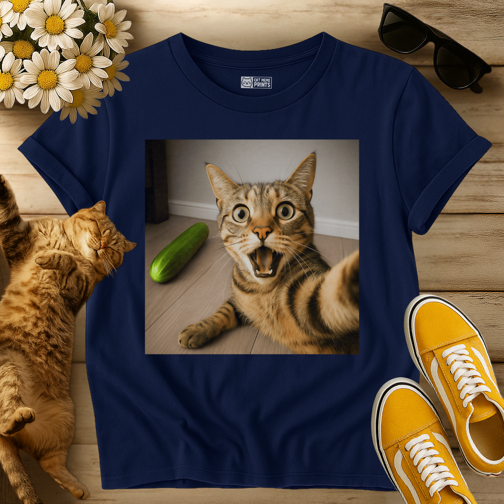 Shocked Cat Selfie With Cucumber T-Shirt