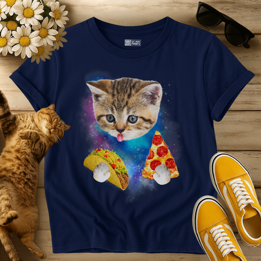 Cat Eat Pizza & Taco in Galaxy Space T-Shirt