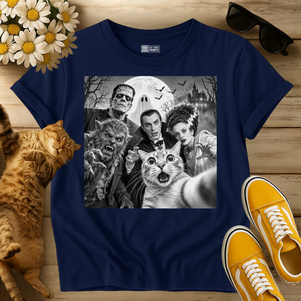 Cat Selfie with Horror Movie Monsters T-Shirt