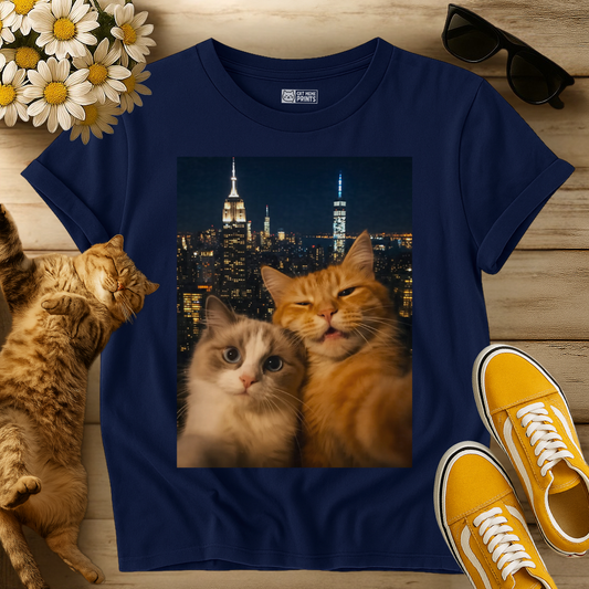 Cute Couple Cats Selfie City Lights T-Shirt