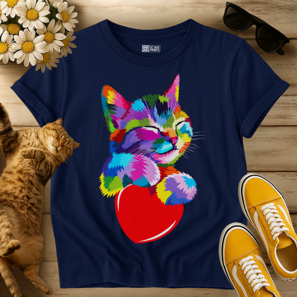 Cute Kitty Hugging Heart Rainbow T-Shirt