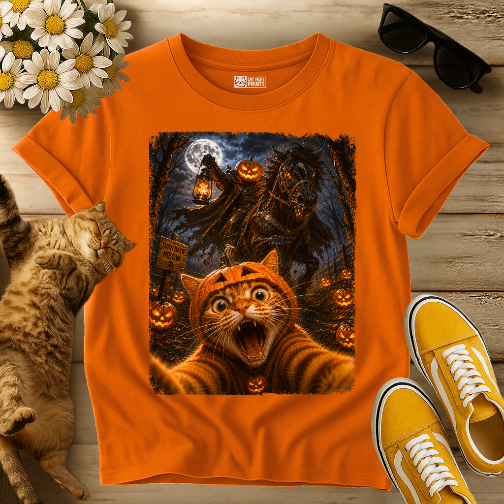 Cat Selfie with Scary Horseman Pumpkins T-Shirt