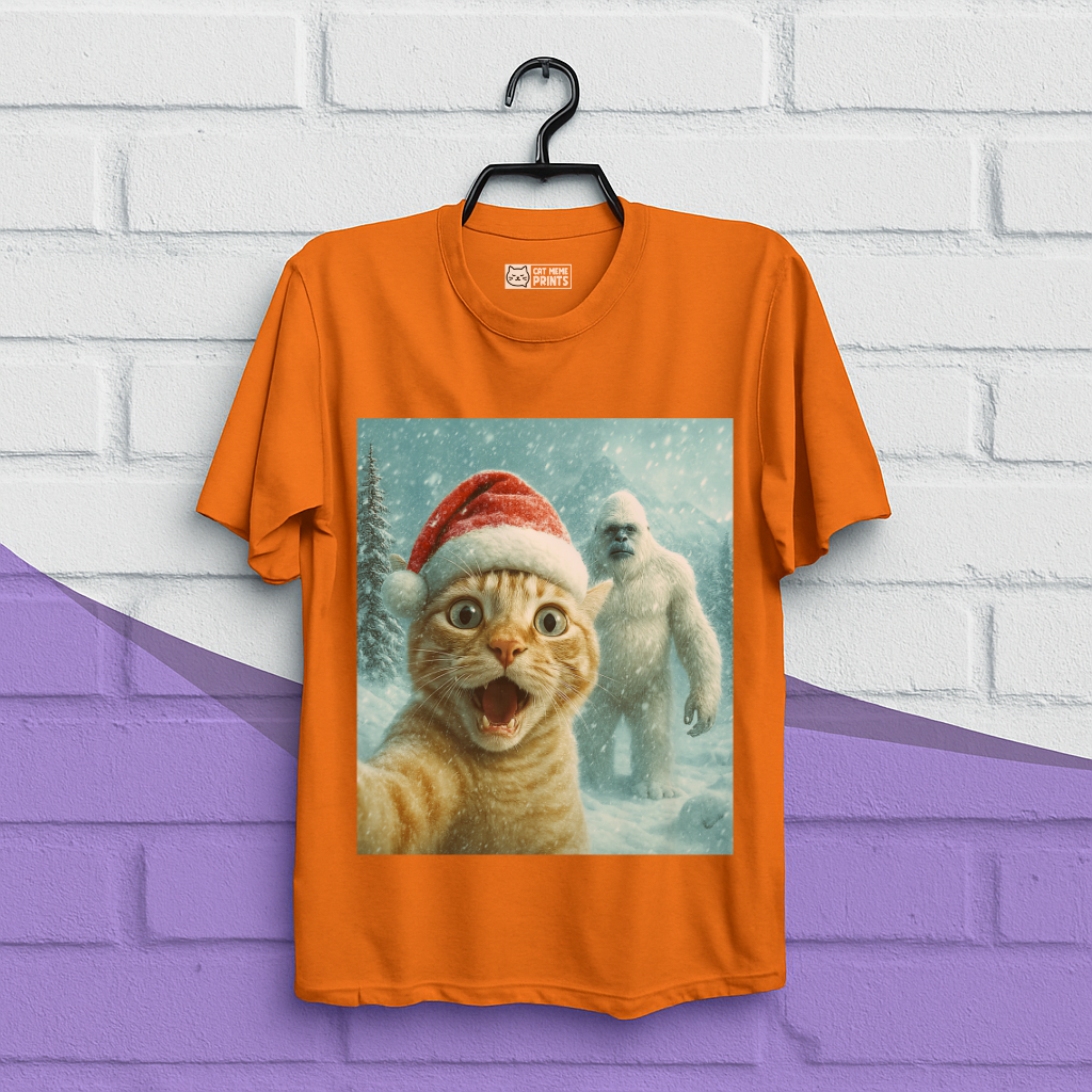 Christmas Cat Selfie with Abominable Snow Monster T-Shirt