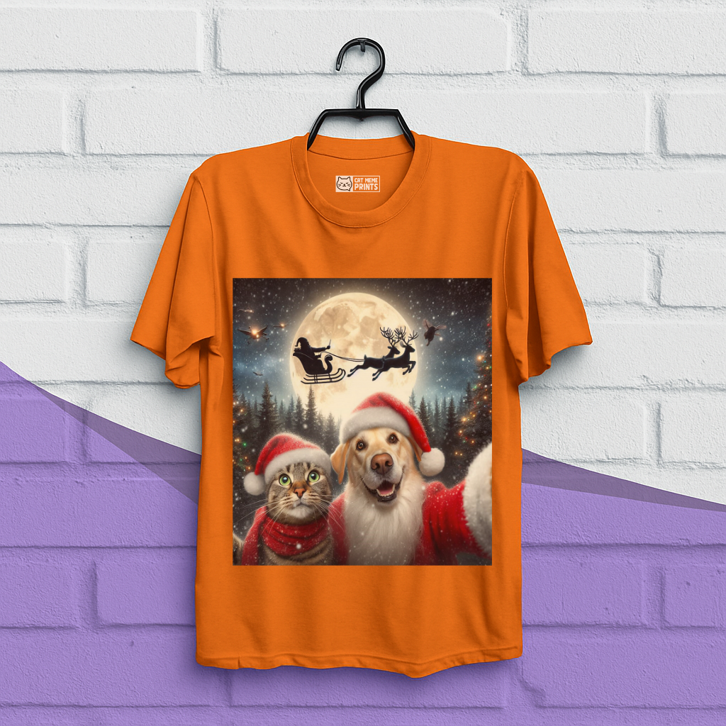 Cat and Dog Selfie with Santa Claus Christmas T-Shirt