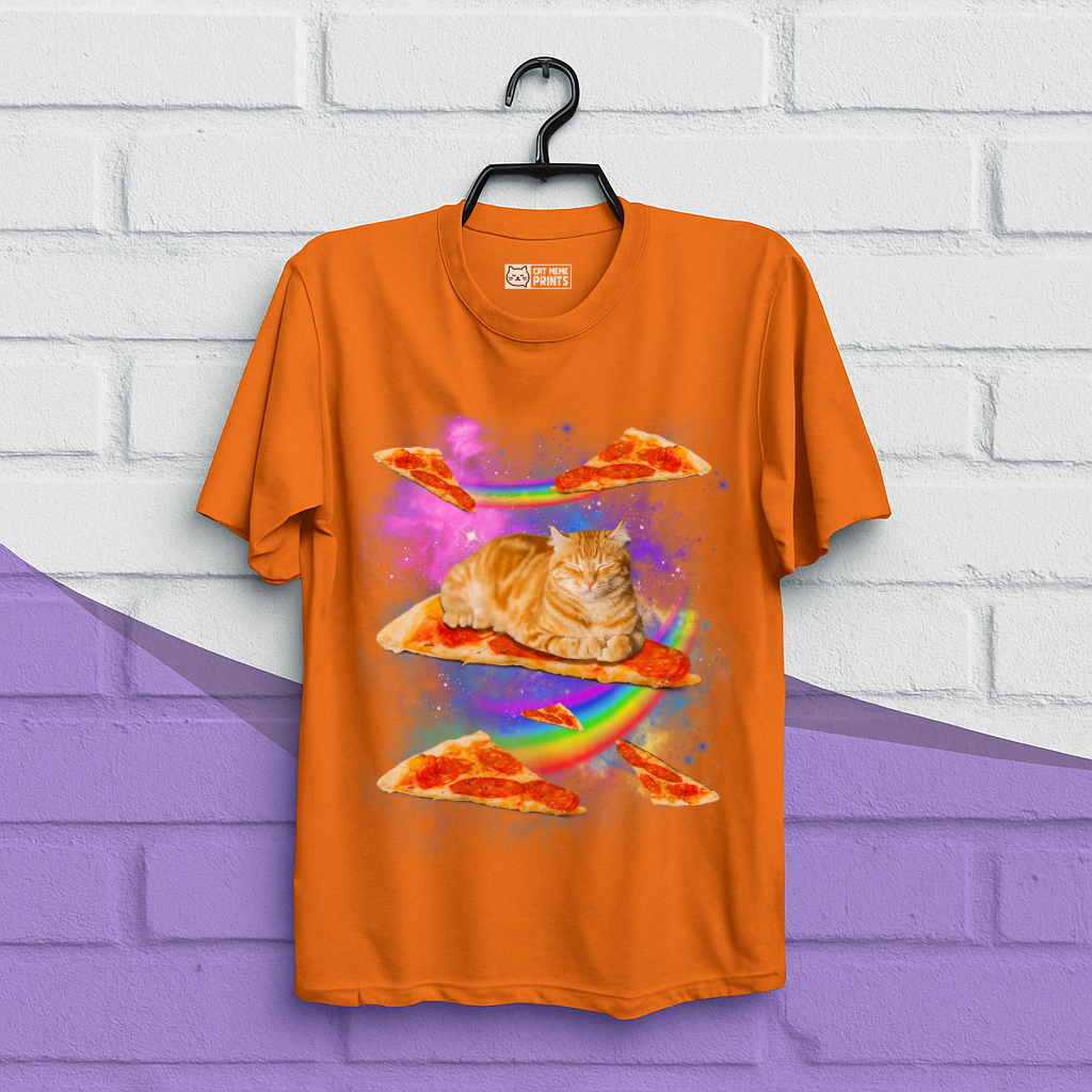Cat Riding Pizza In Space Galaxy T-Shirt