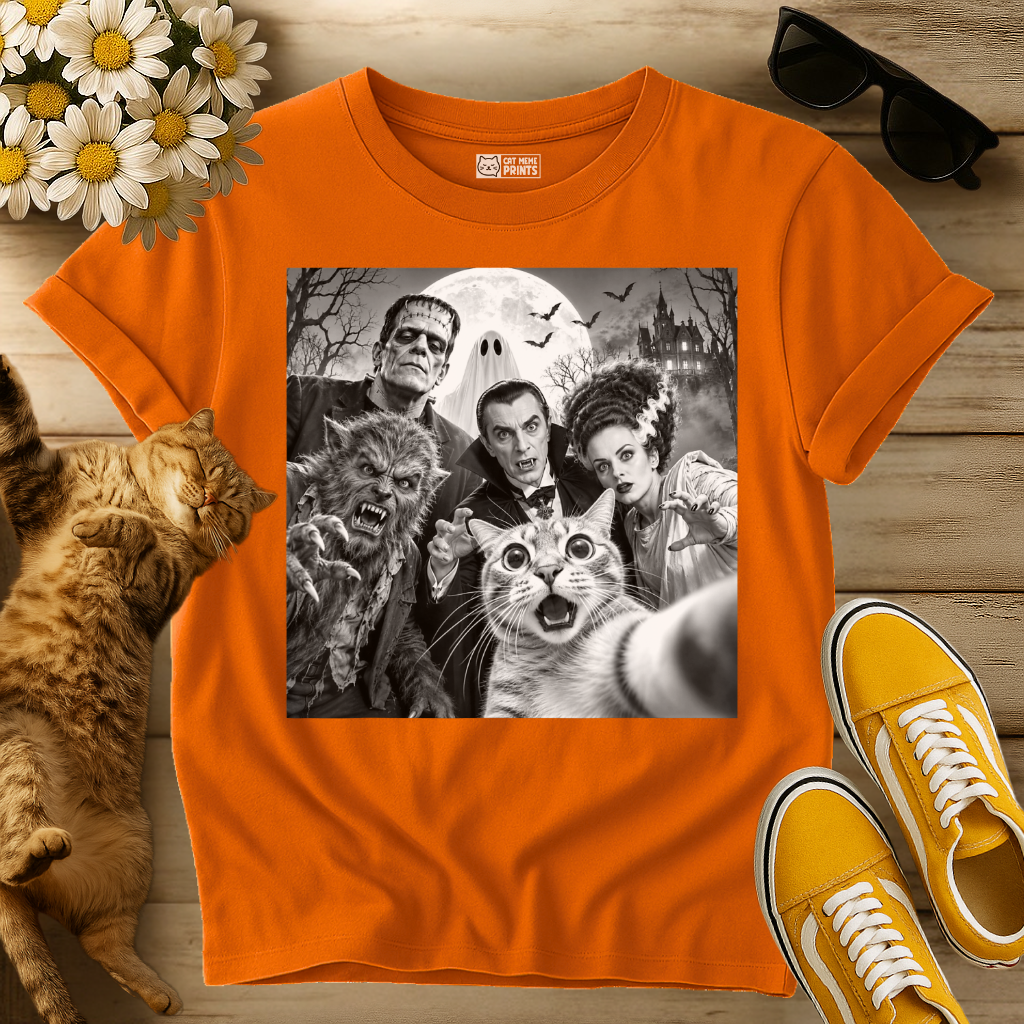 Cat Selfie with Horror Movie Monsters T-Shirt