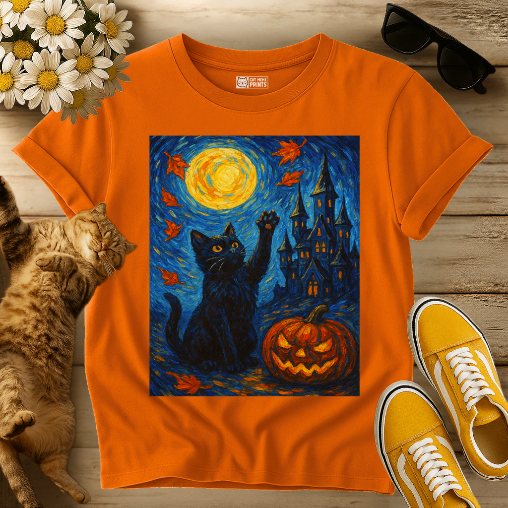 Black Cat Van Gogh Starry Night Halloween T-Shirt