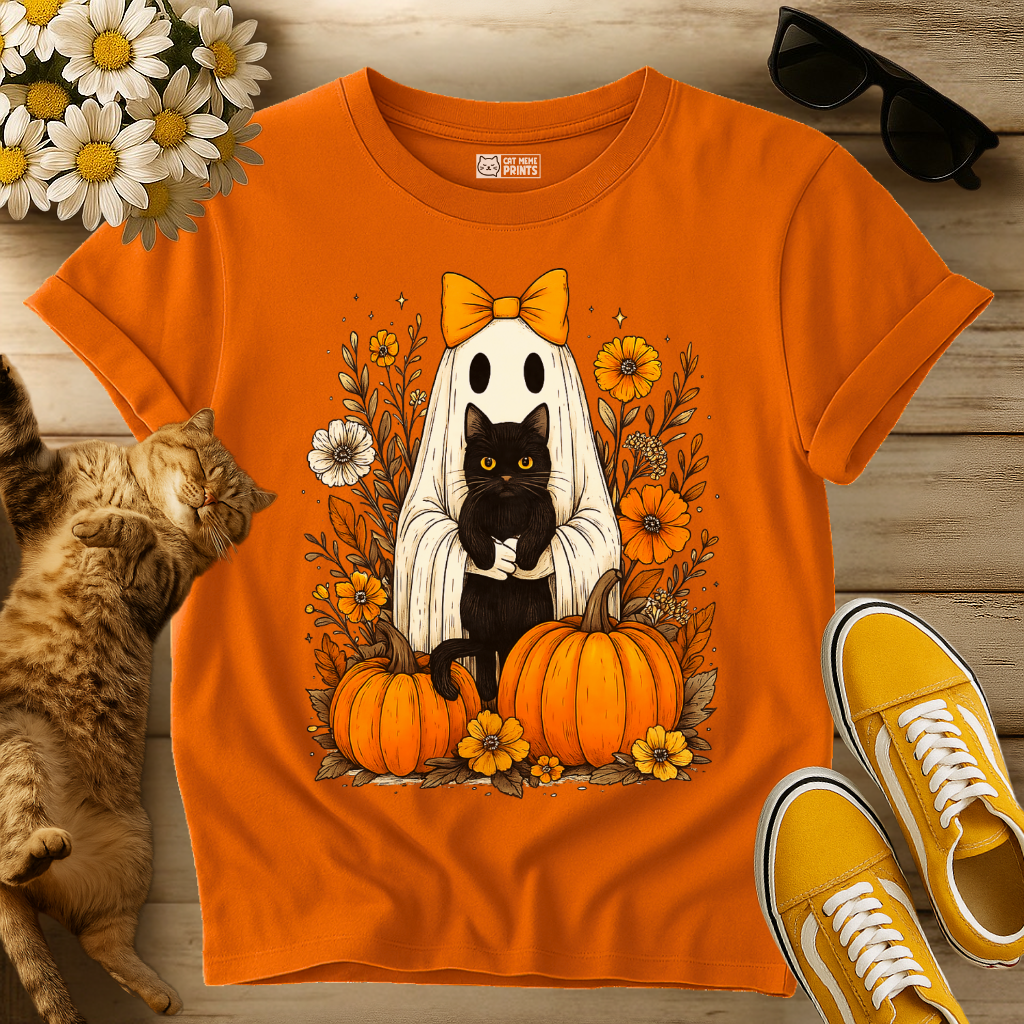 Ghost Holding Black Cat Floral T-Shirt