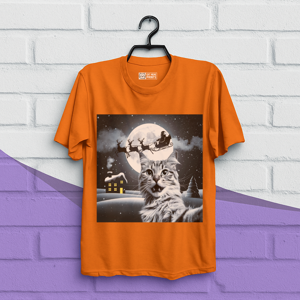 Cat Selfie with Santa Sleigh Christmas T-Shirt