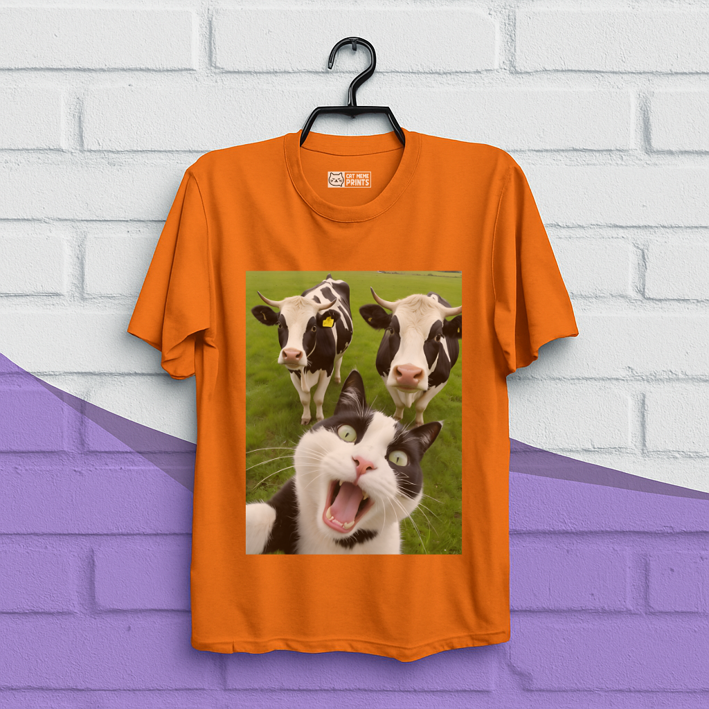Cat Selfie With Black And White Cow T-Shirt