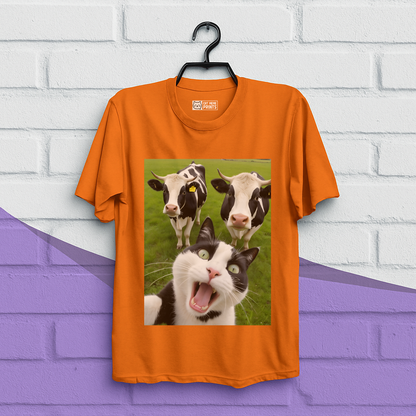Cat Selfie With Black And White Cow T-Shirt
