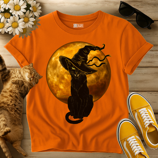 Scary Black Cat Witch Hat Moon T-Shirt