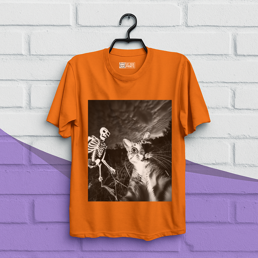 Cat Selfie with Skeleton Halloween T-Shirt