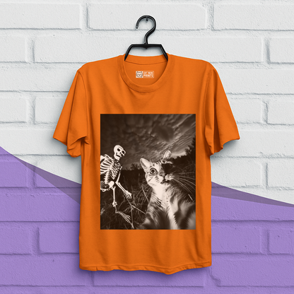 Cat Selfie with Skeleton Halloween T-Shirt