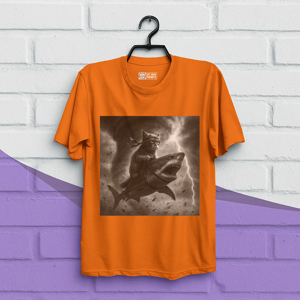 Cat Riding a Shark in Tornado Selfie Cat T-Shirt
