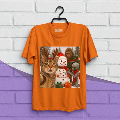 Cat Selfie with Bigfoot Alien & Snowman Christmas T-Shirt
