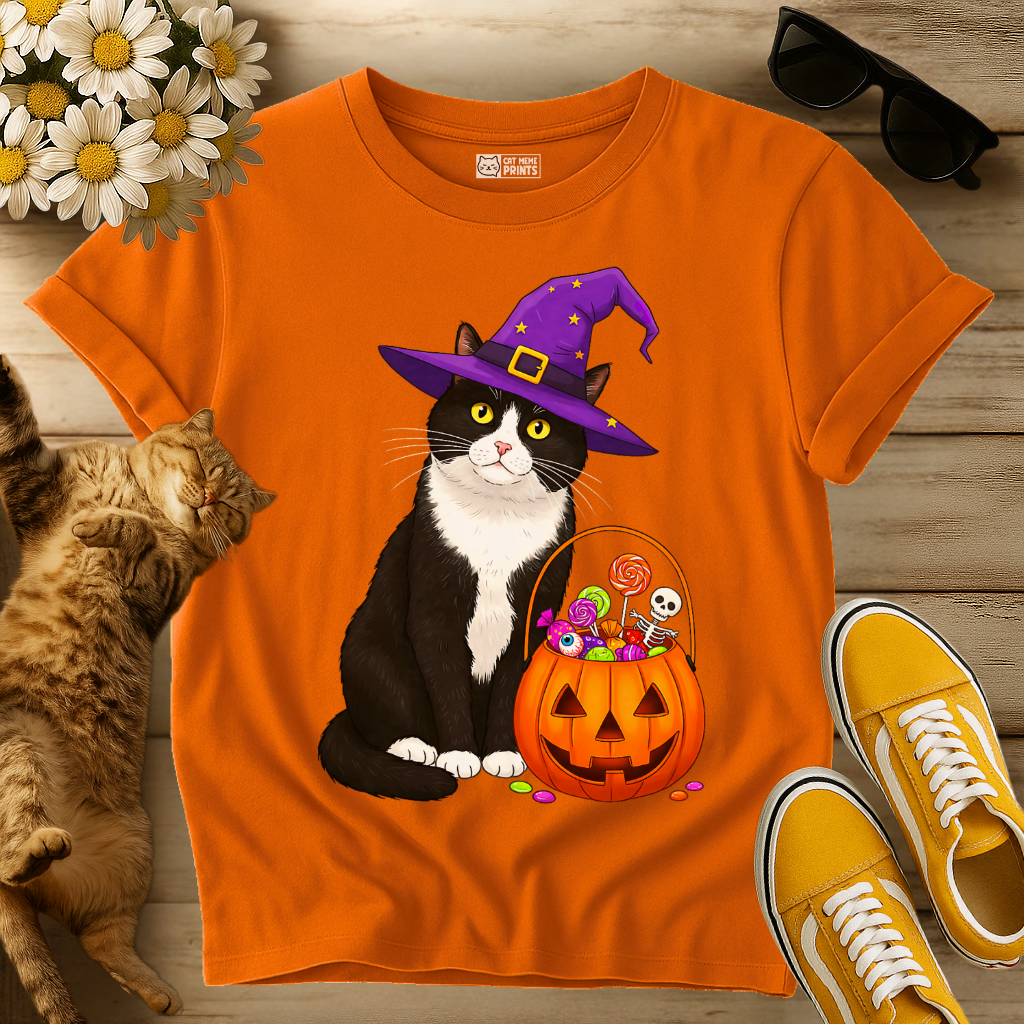 Witch Cat with Pumpkin Candy Basket T-Shirt