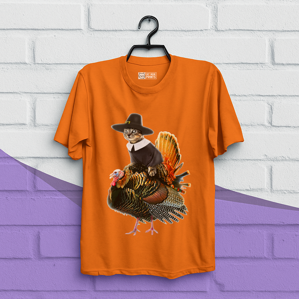 Cat Pilgrim Riding Turkey Thanksgiving T-Shirt