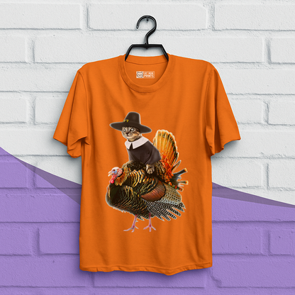Cat Pilgrim Riding Turkey Thanksgiving T-Shirt