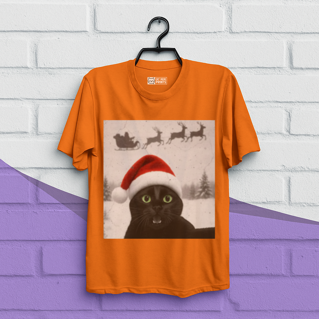 Black Cat Selfie with Santa Sleigh Christmas T-Shirt