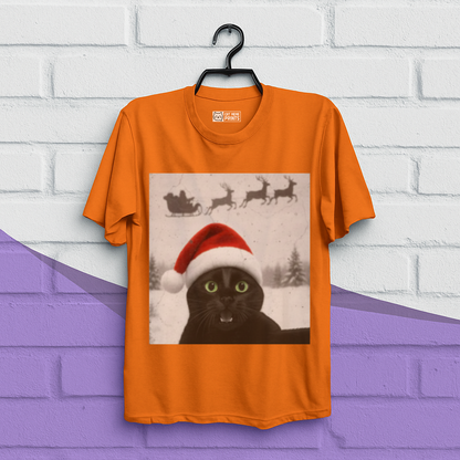 Black Cat Selfie with Santa Sleigh Christmas T-Shirt