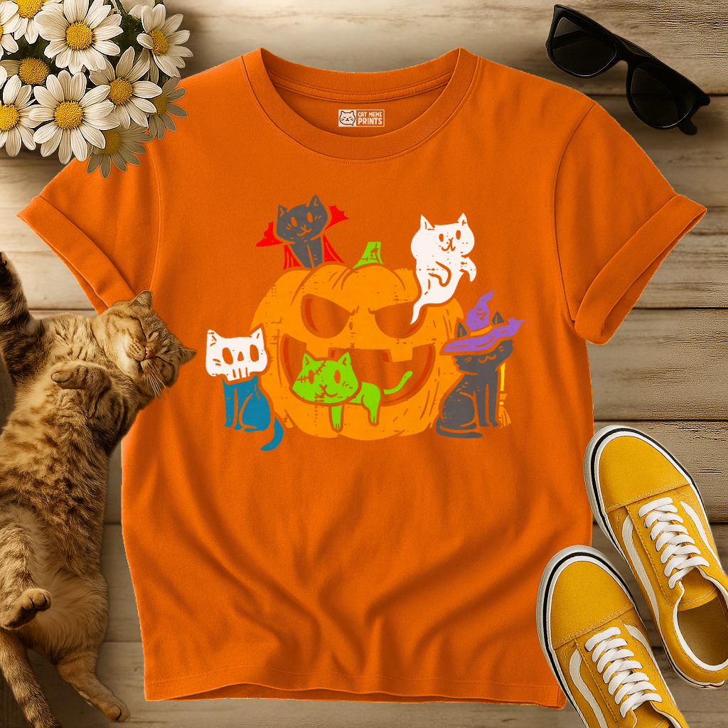 Vampire Ghost Zombie Witch Cats in Pumpkin T-Shirt