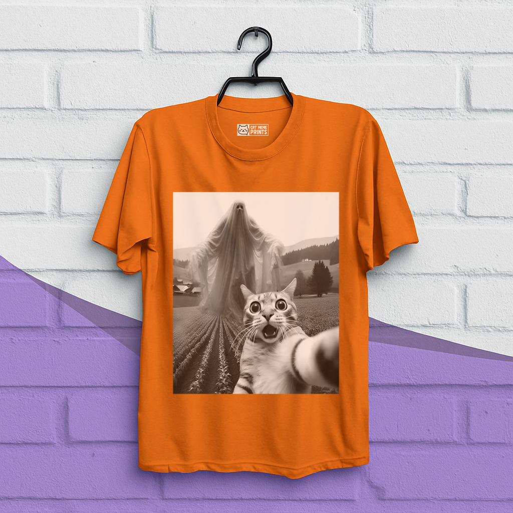 Cat Selfie with Spooky Ghost T-Shirt