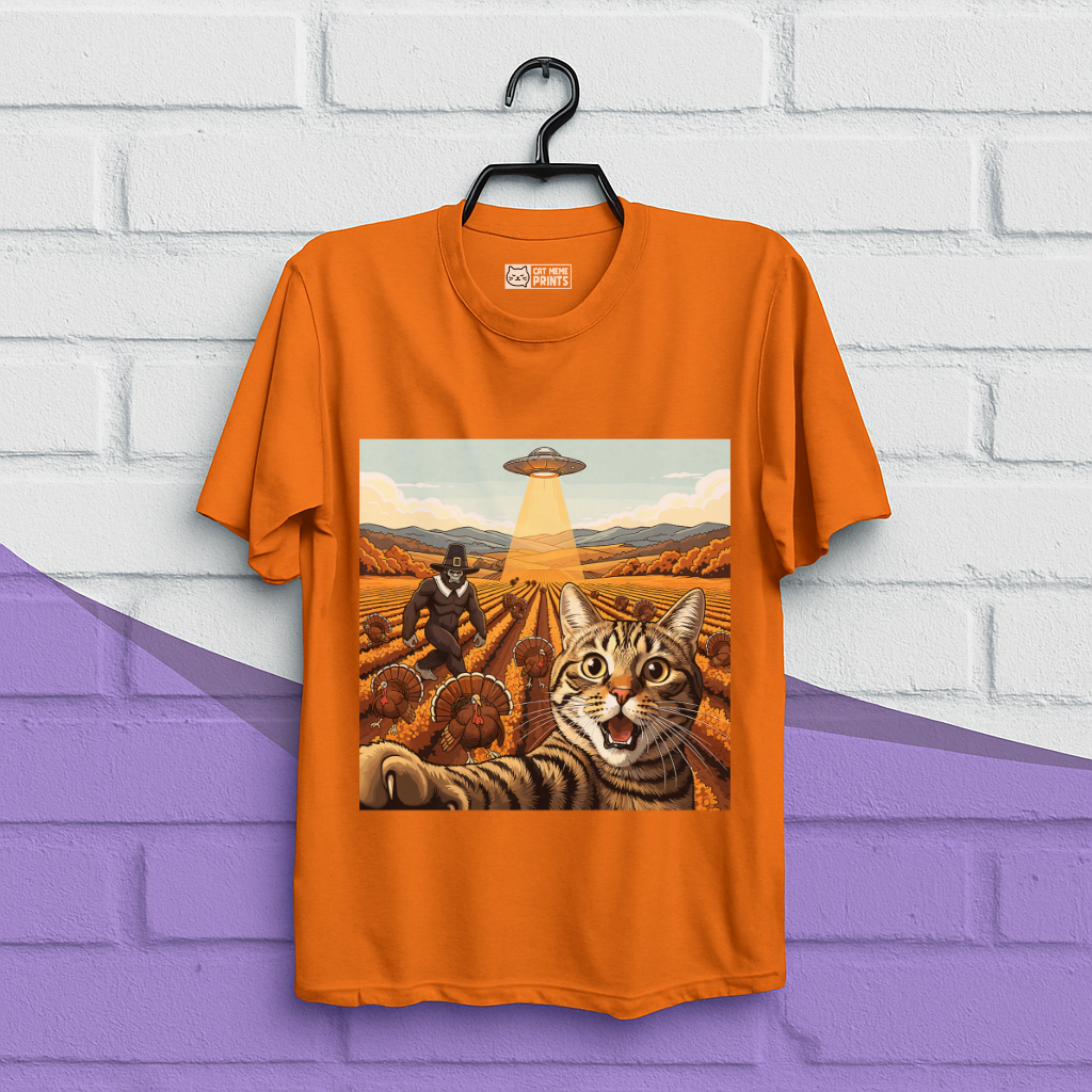 Cat Selfie With Tureky UFO Bigfoot Thanksgiving T-Shirt