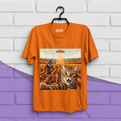 Cat Selfie With Tureky UFO Bigfoot Thanksgiving T-Shirt