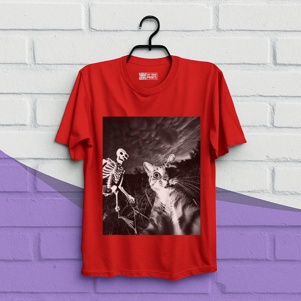 Cat Selfie with Skeleton Halloween T-Shirt