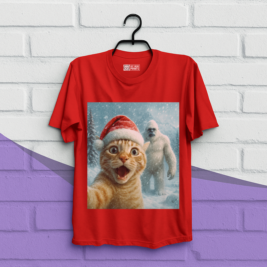 Christmas Cat Selfie with Abominable Snow Monster T-Shirt