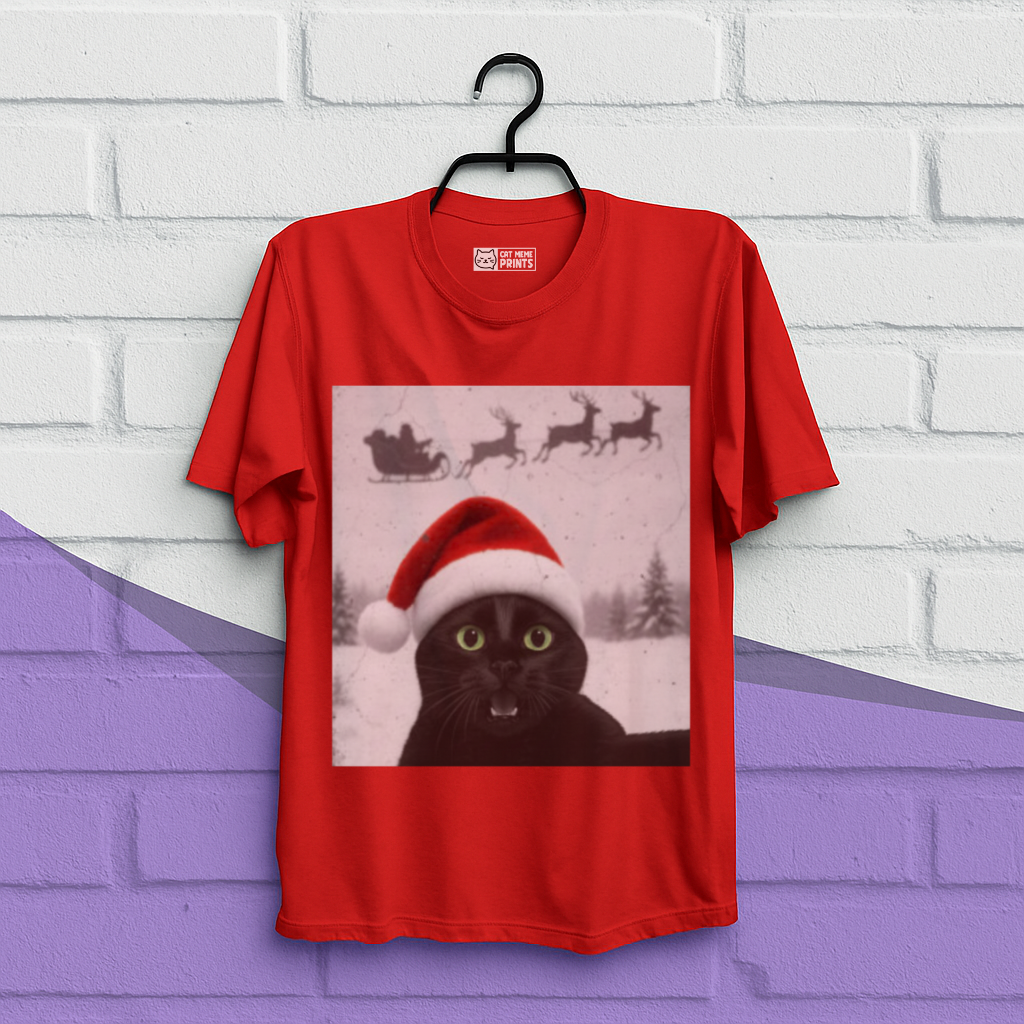 Black Cat Selfie with Santa Sleigh Christmas T-Shirt