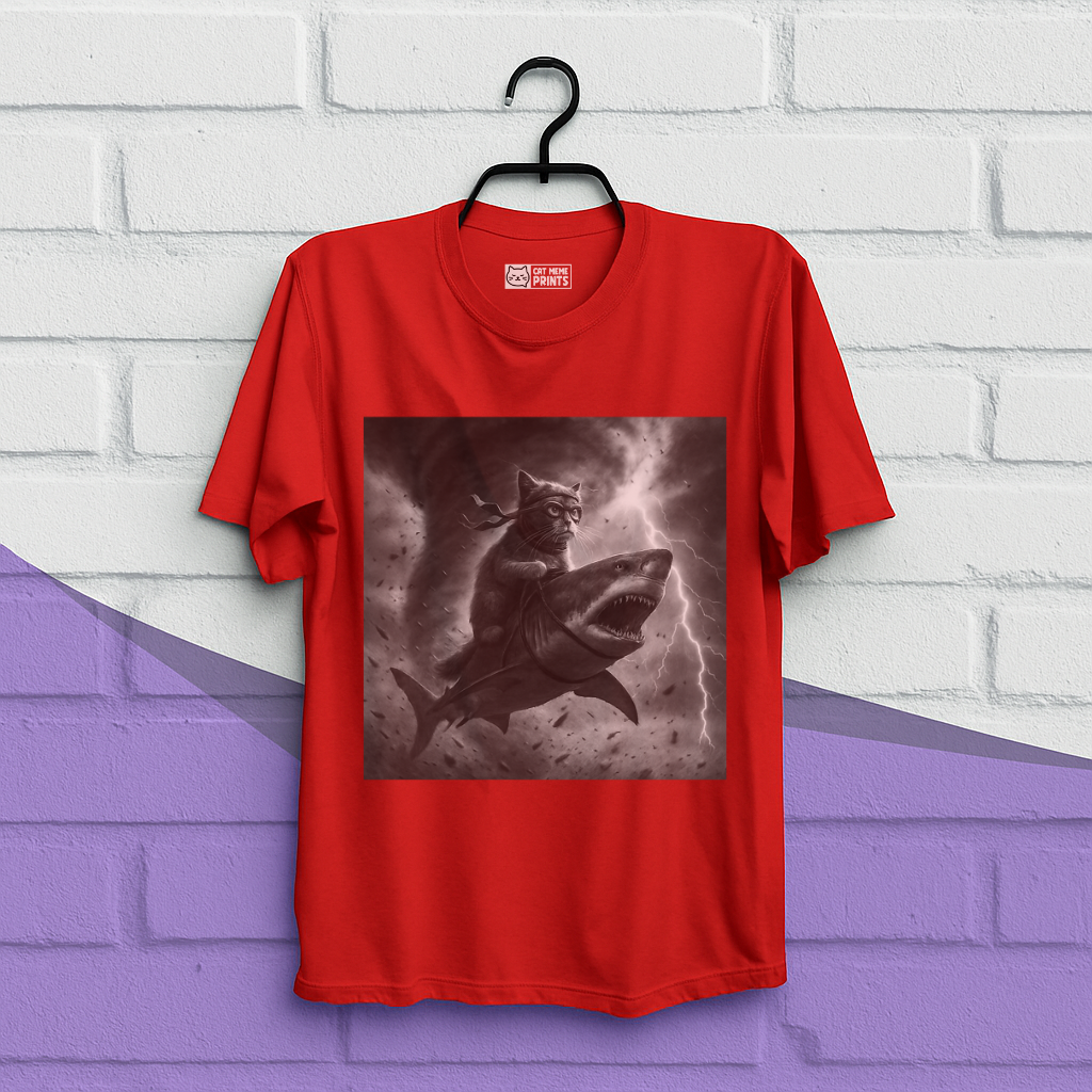 Cat Riding a Shark in Tornado Selfie Cat T-Shirt