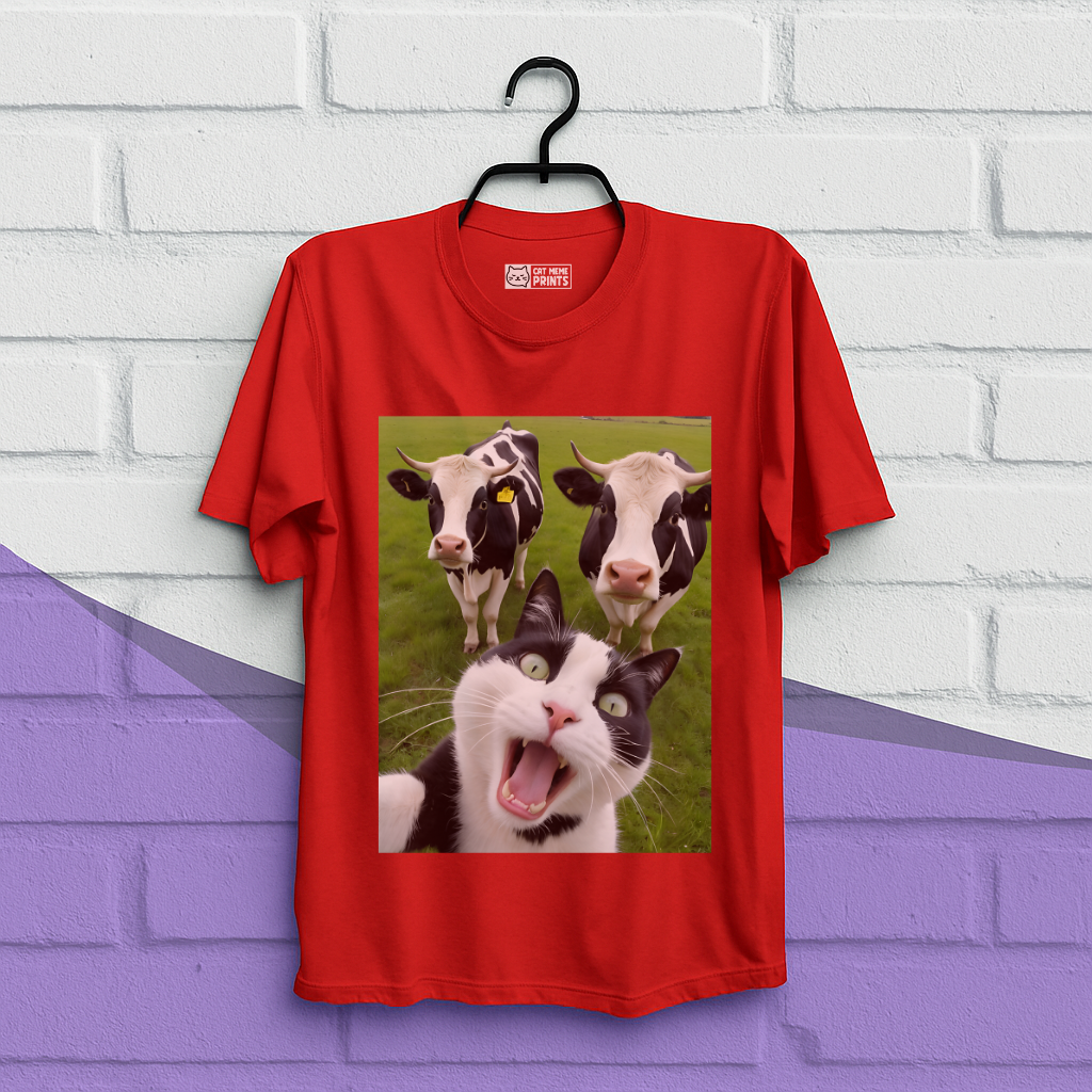 Cat Selfie With Black And White Cow T-Shirt