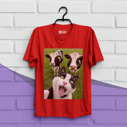 Cat Selfie With Black And White Cow T-Shirt