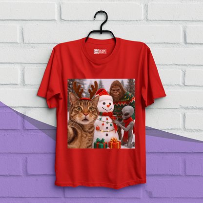 Cat Selfie with Bigfoot Alien & Snowman Christmas T-Shirt