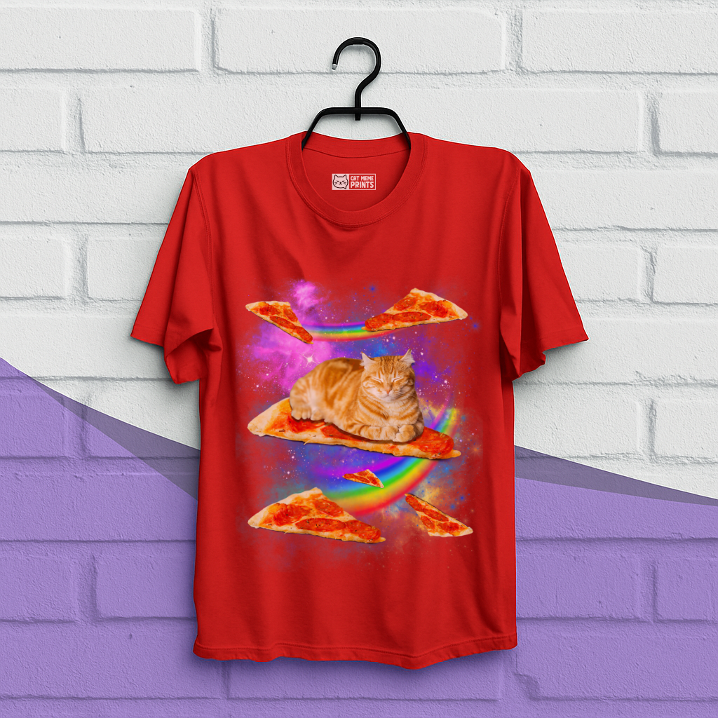 Cat Riding Pizza In Space Galaxy T-Shirt