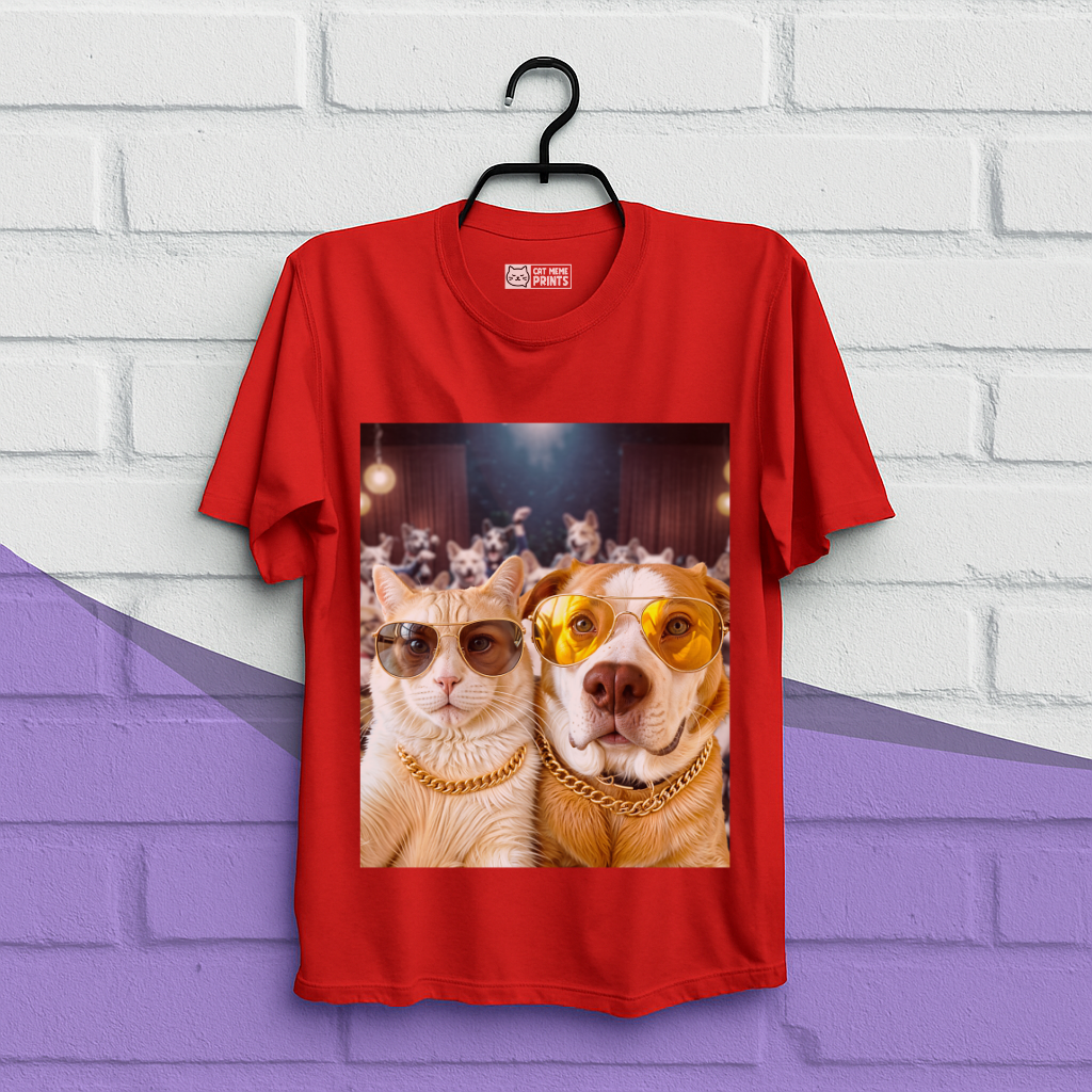 Cat & Dog Selfie in Dogs Party T-Shirt