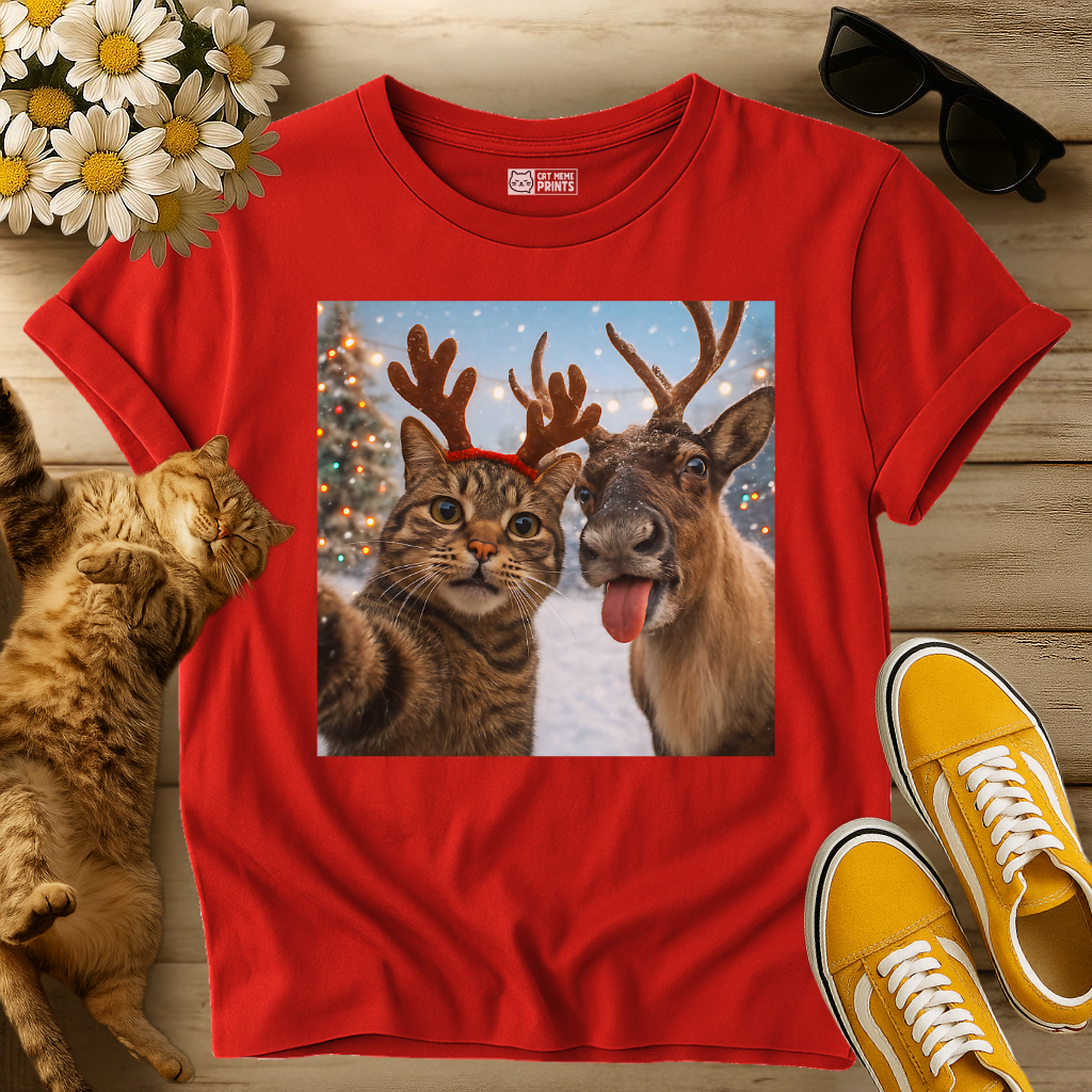 Cat Selfie With Reindeer T-Shirt