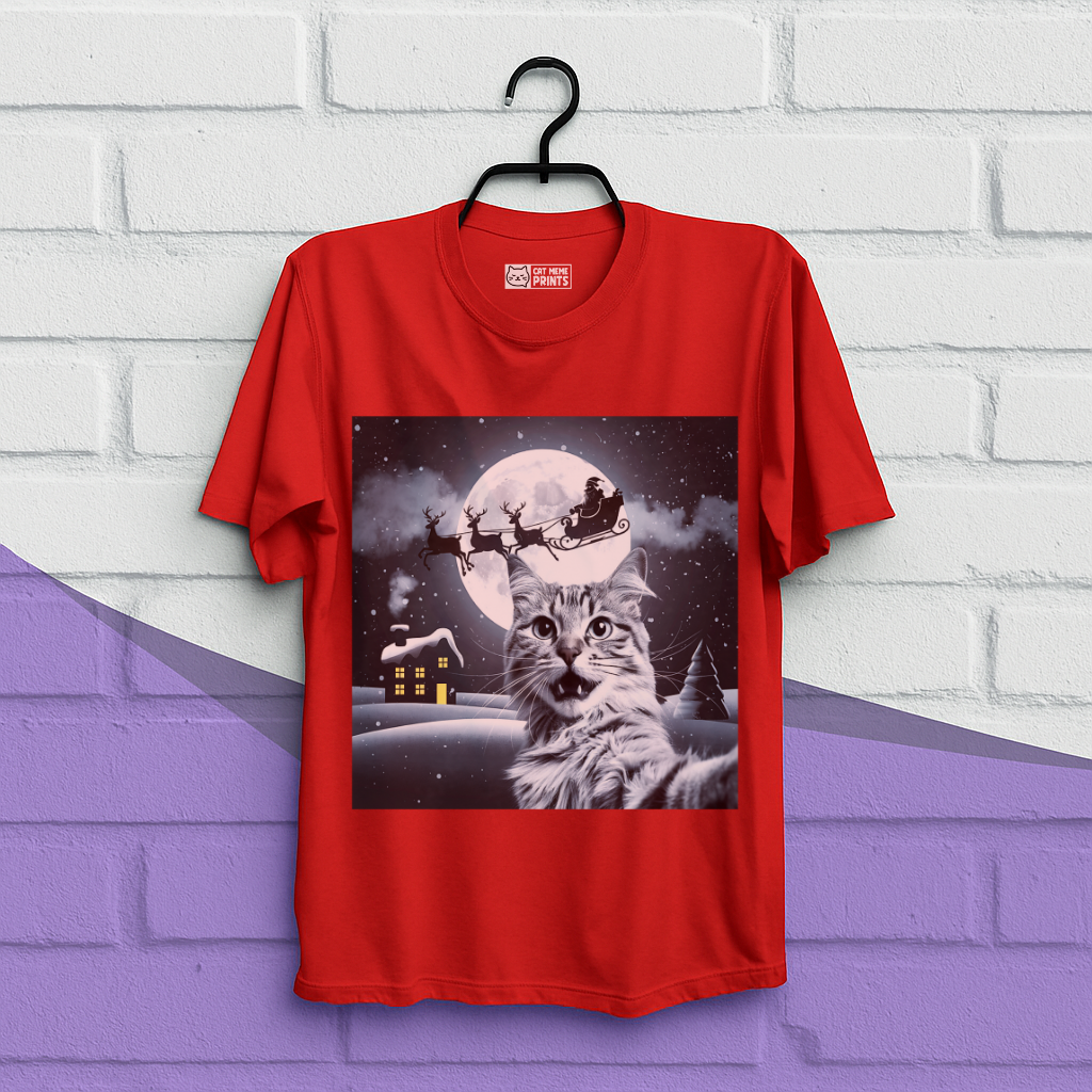 Cat Selfie with Santa Sleigh Christmas T-Shirt