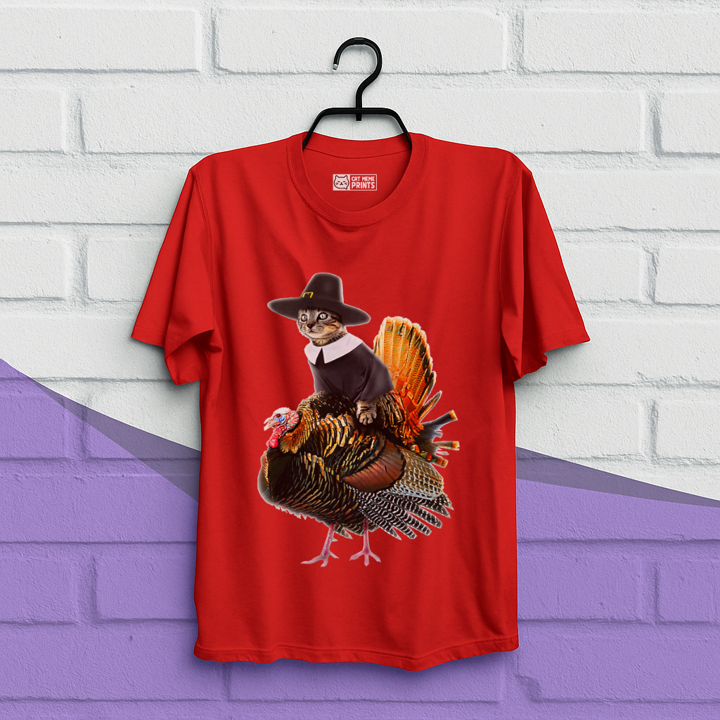 Cat Pilgrim Riding Turkey Thanksgiving T-Shirt